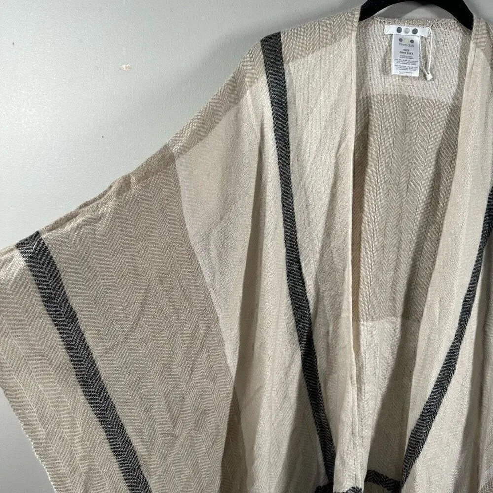 Three Dots tan beige window pane fringe trim wrap shawl blacker scarf